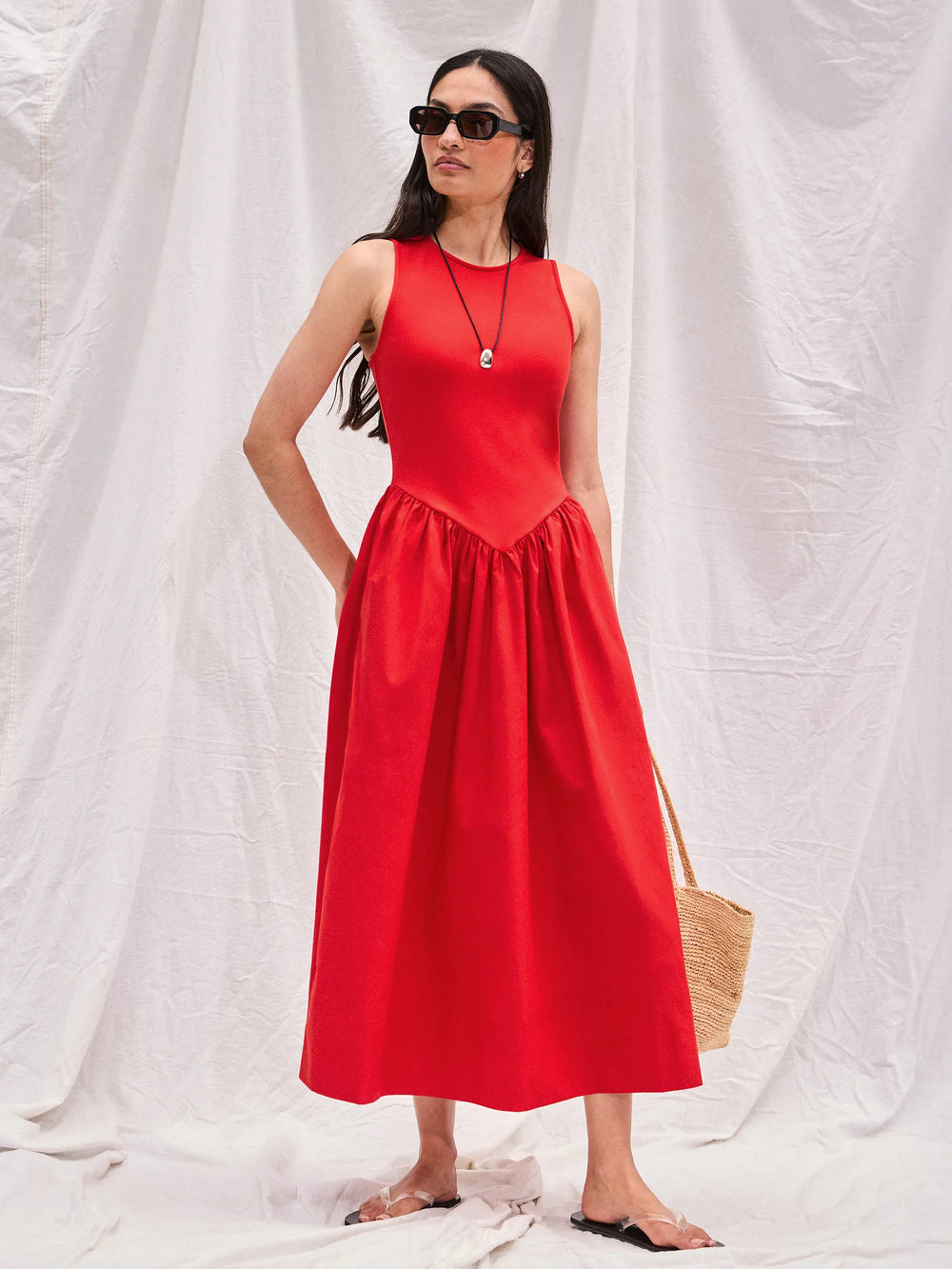 Petite Red Jersey Bodice Midi Waisted Dress Ro&Zo Petite Red Jersey Bodice Midi Waisted Dress Ro&Zo
