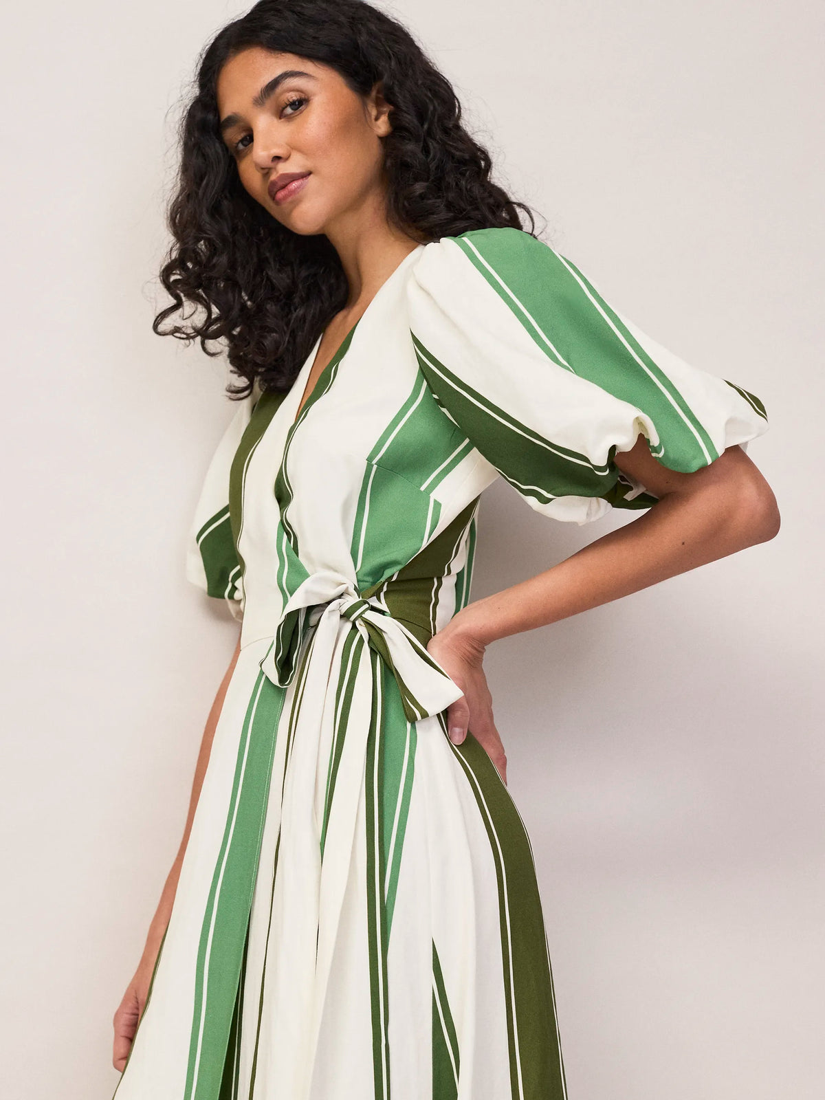 Green Stripe Linen Wrap Dress Linen Resort Holiday