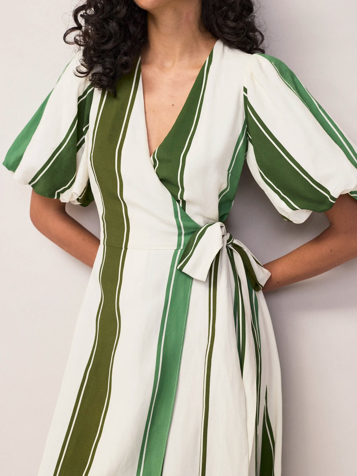 Green Stripe Linen Wrap Dress Linen Resort Holiday