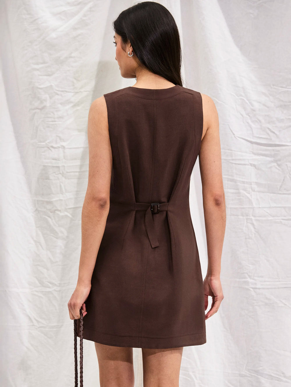 linen blend button through mini dress Linen Blend Button Mini Pocket Dress