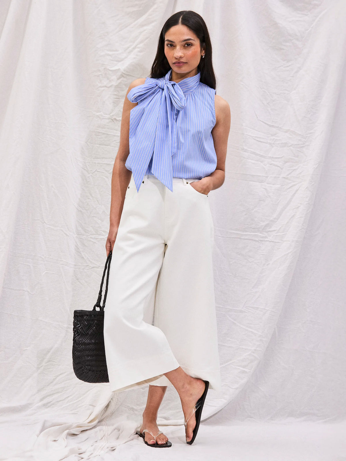 White cotton wide-leg culottes