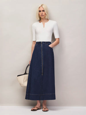 Dark wash denim maxi skirt