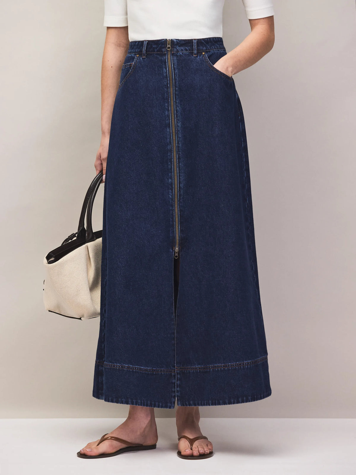 Indigo Denim Split-Front Maxi Skirt