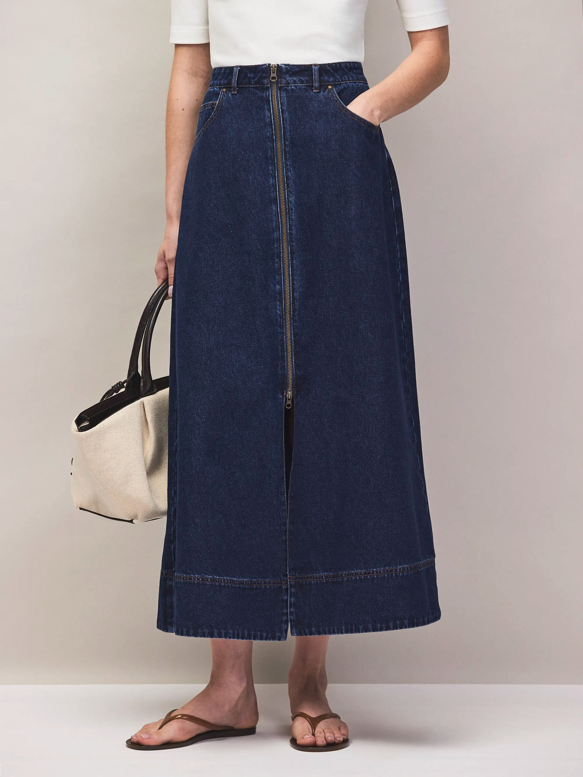 Dark wash denim maxi skirt