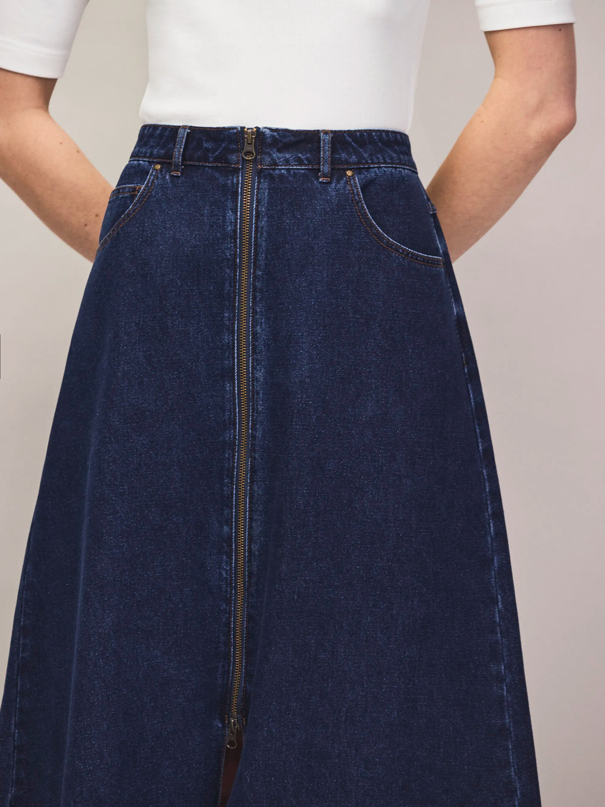 Indigo Denim Split-Front Maxi Skirt