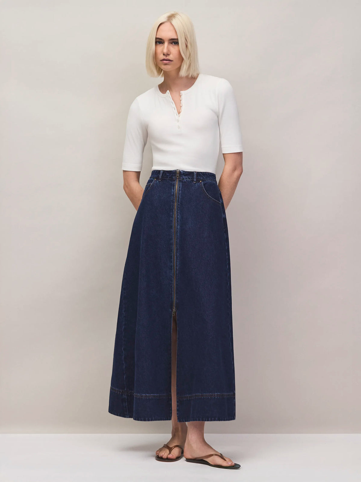 Dark wash denim maxi skirt