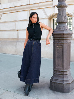 Indigo Denim Split-Front Maxi Skirt