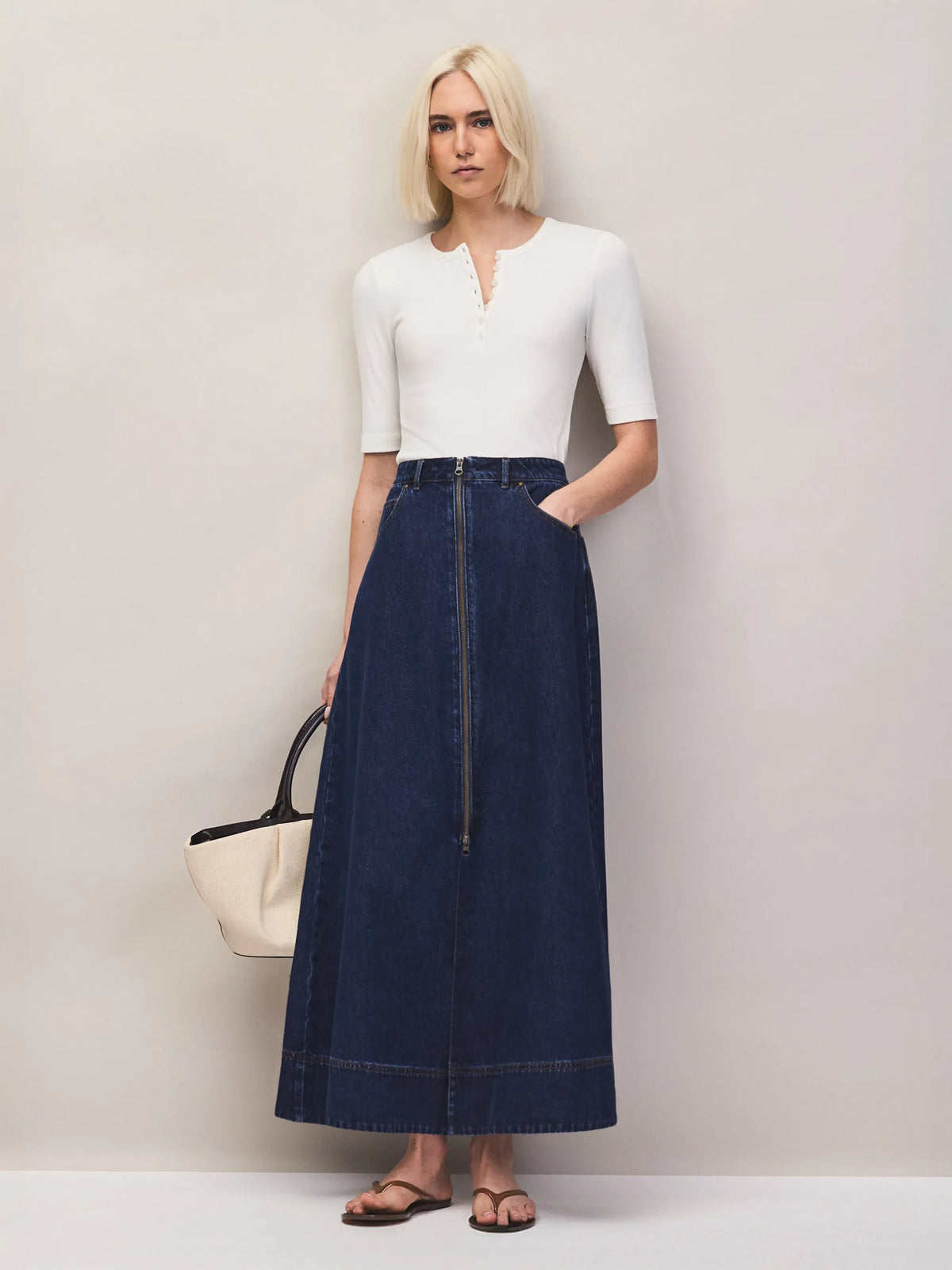 Indigo Denim Split-Front Maxi Skirt