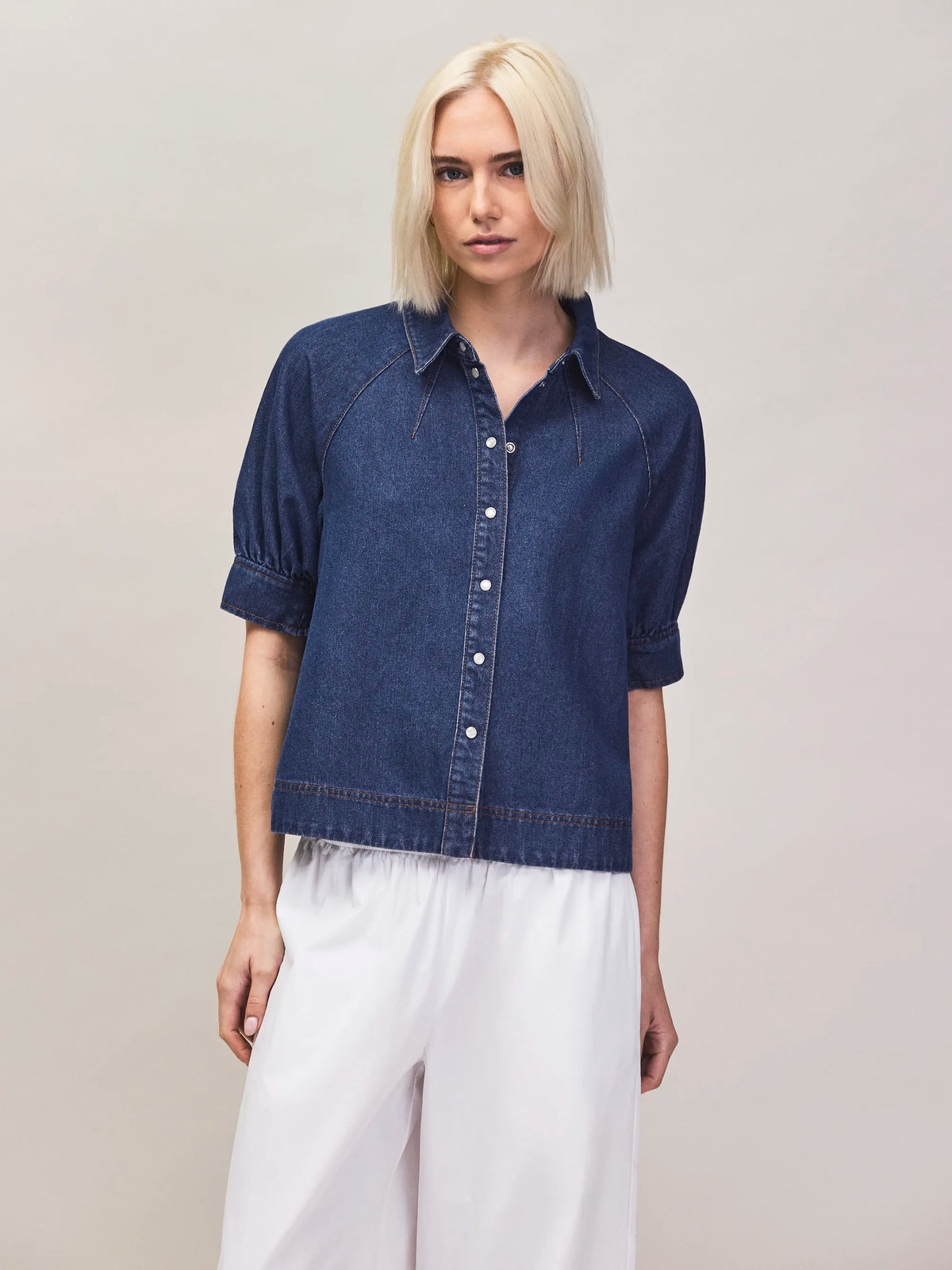 Indigo denim puff sleeve shirt