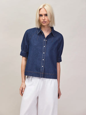Indigo denim puff sleeve shirt