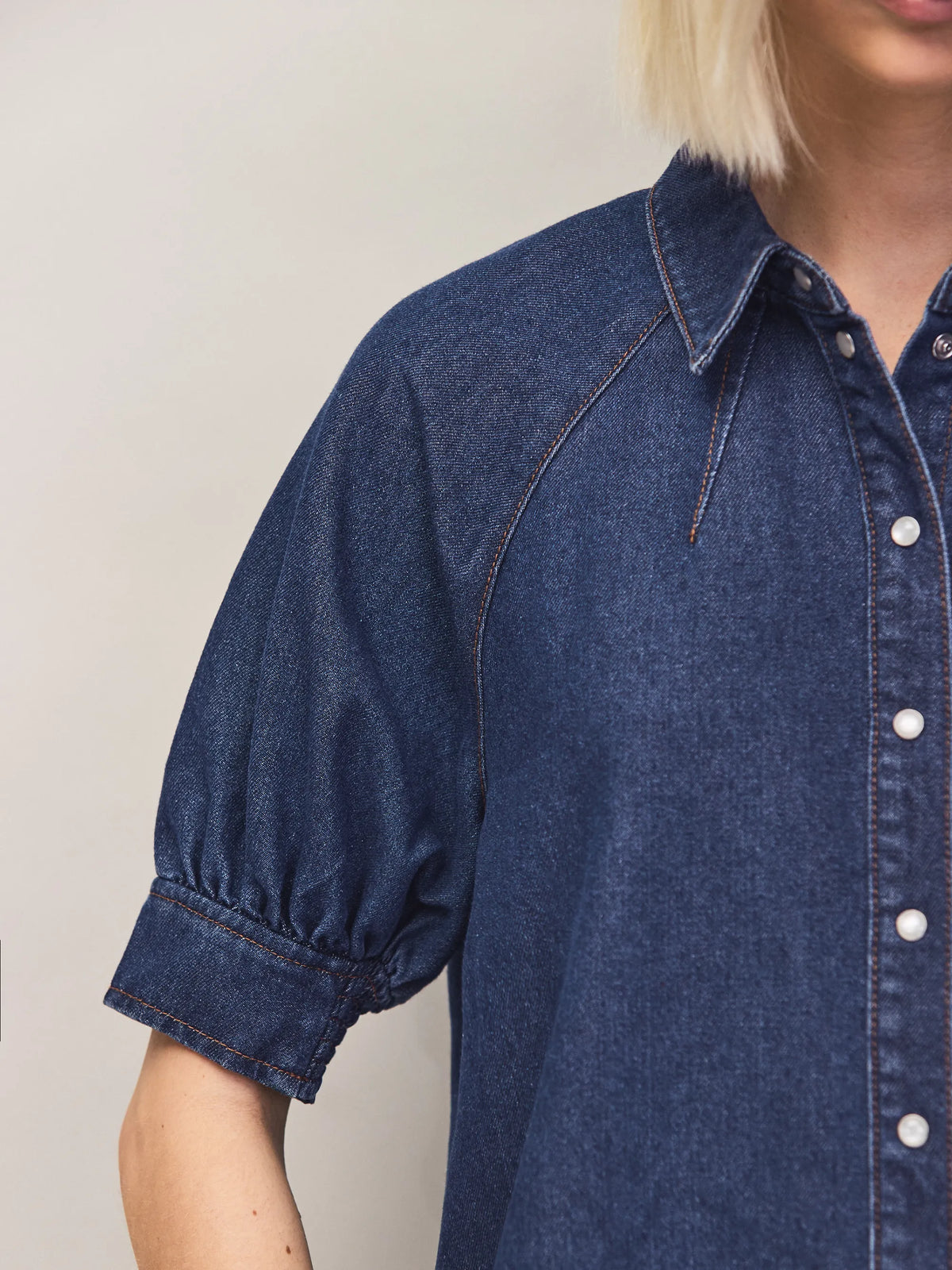 Indigo denim puff sleeve shirt