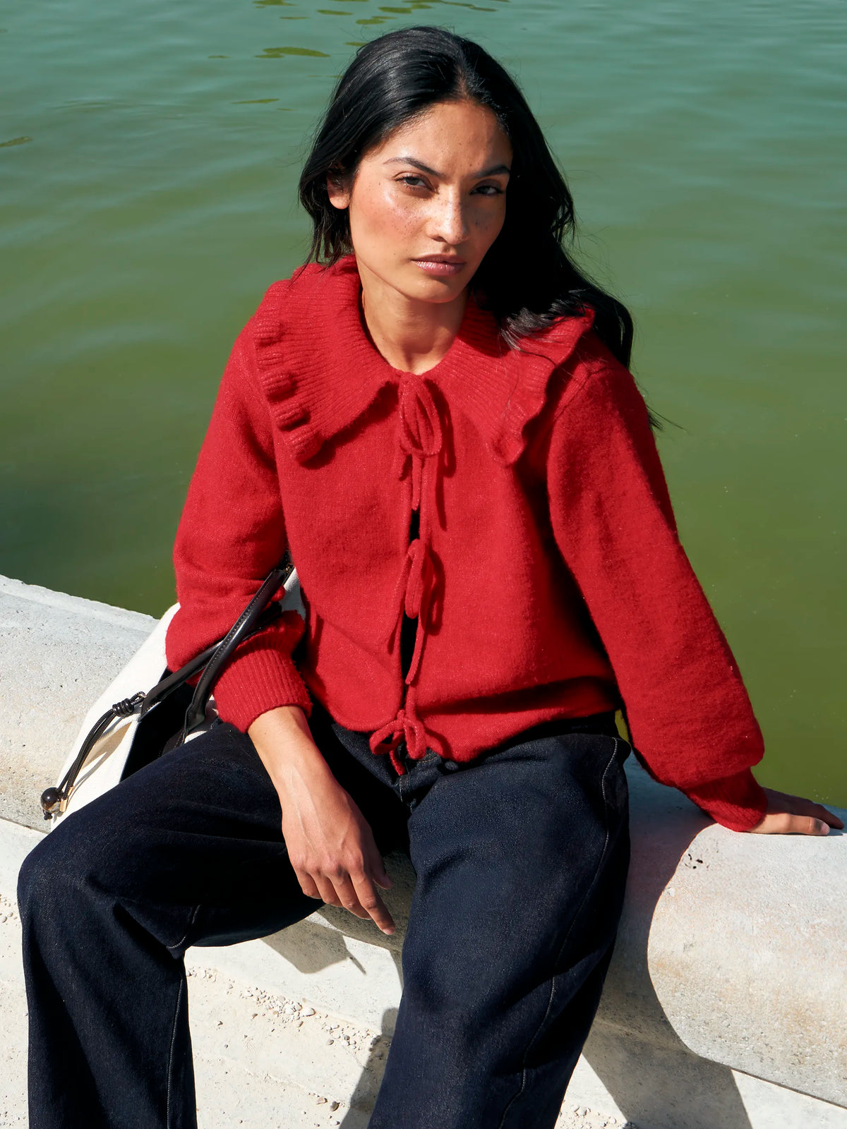 Red Tie Front Cardigan With Wool