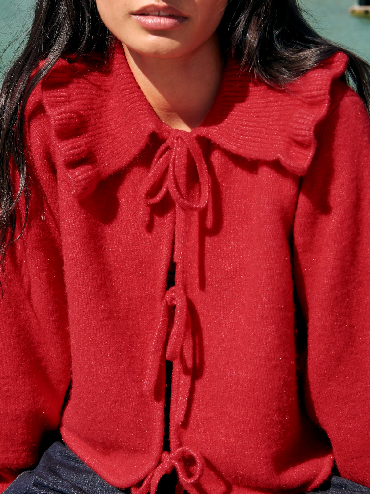 Red Tie Front Cardigan With Wool