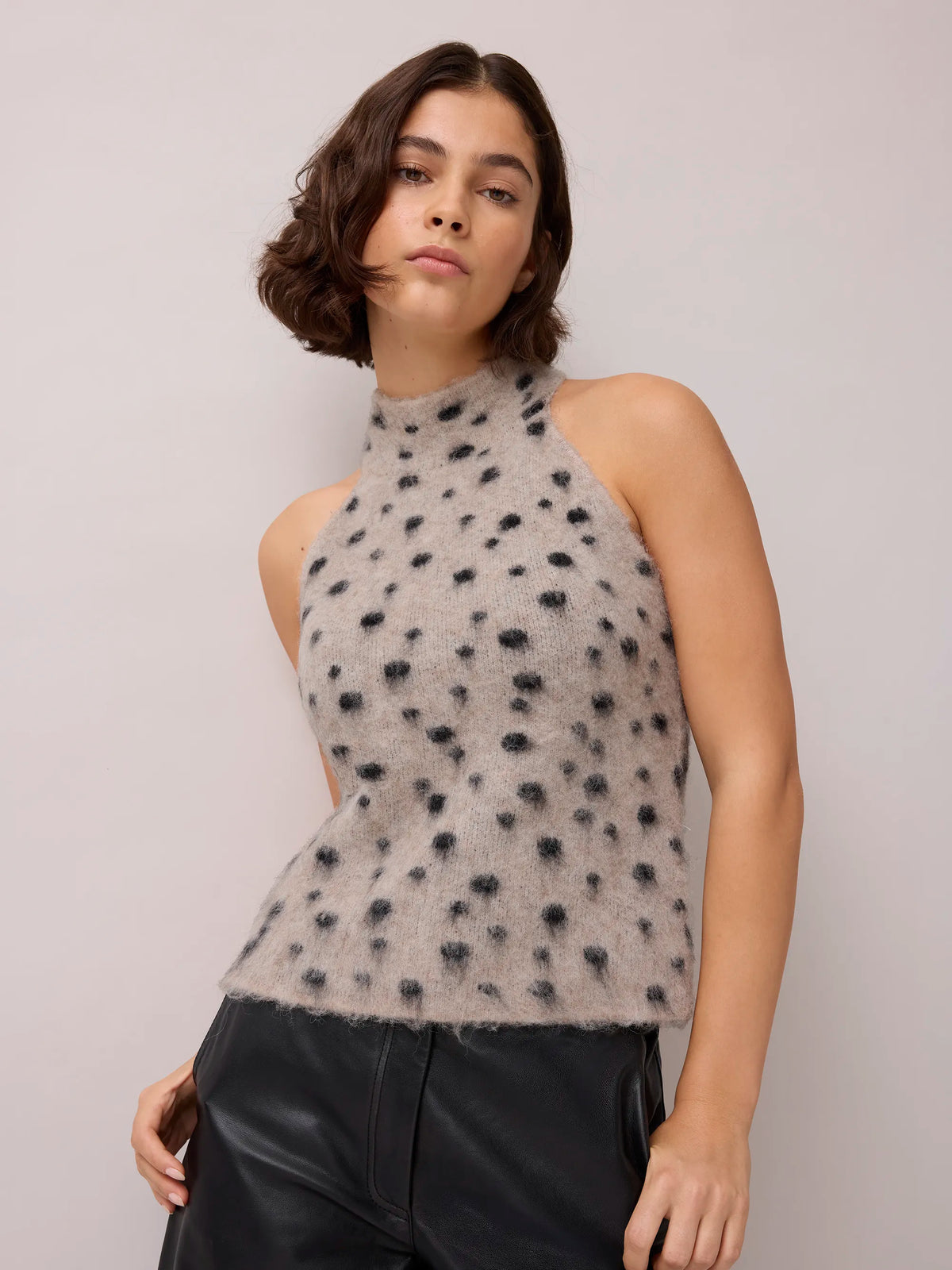 Neutral Deer Print Turtle Neck Knit Top With Wool And Alpaca