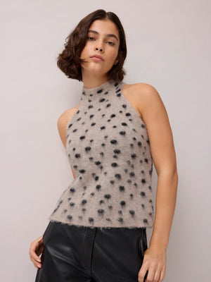 Neutral Deer Print Turtle Neck Knit Top With Wool And Alpaca