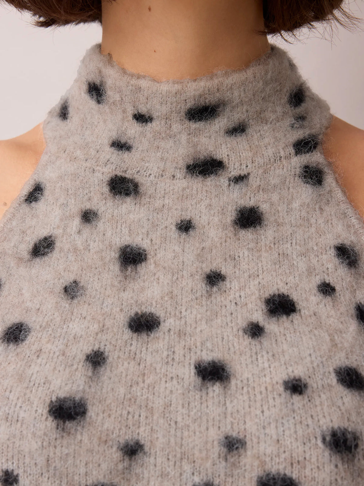 Neutral Deer Print Turtle Neck Knit Top With Wool And Alpaca