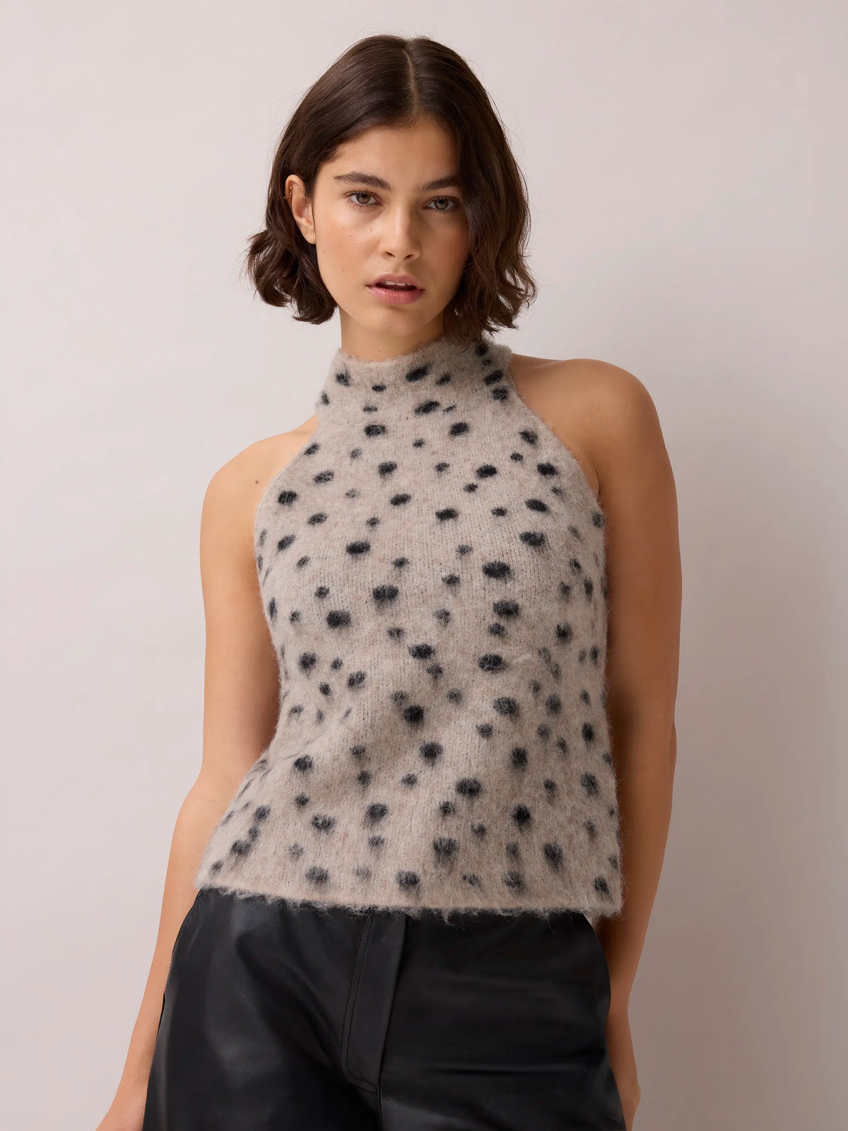 Neutral Deer Print Turtle Neck Knit Top With Wool And Alpaca