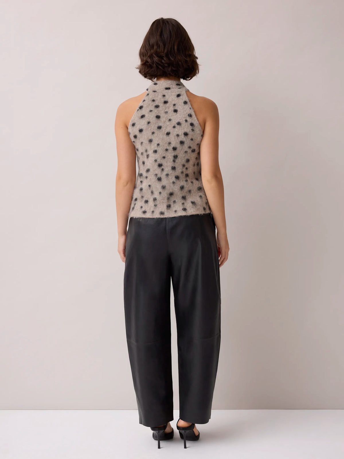 Neutral Deer Print Turtle Neck Knit Top With Wool And Alpaca