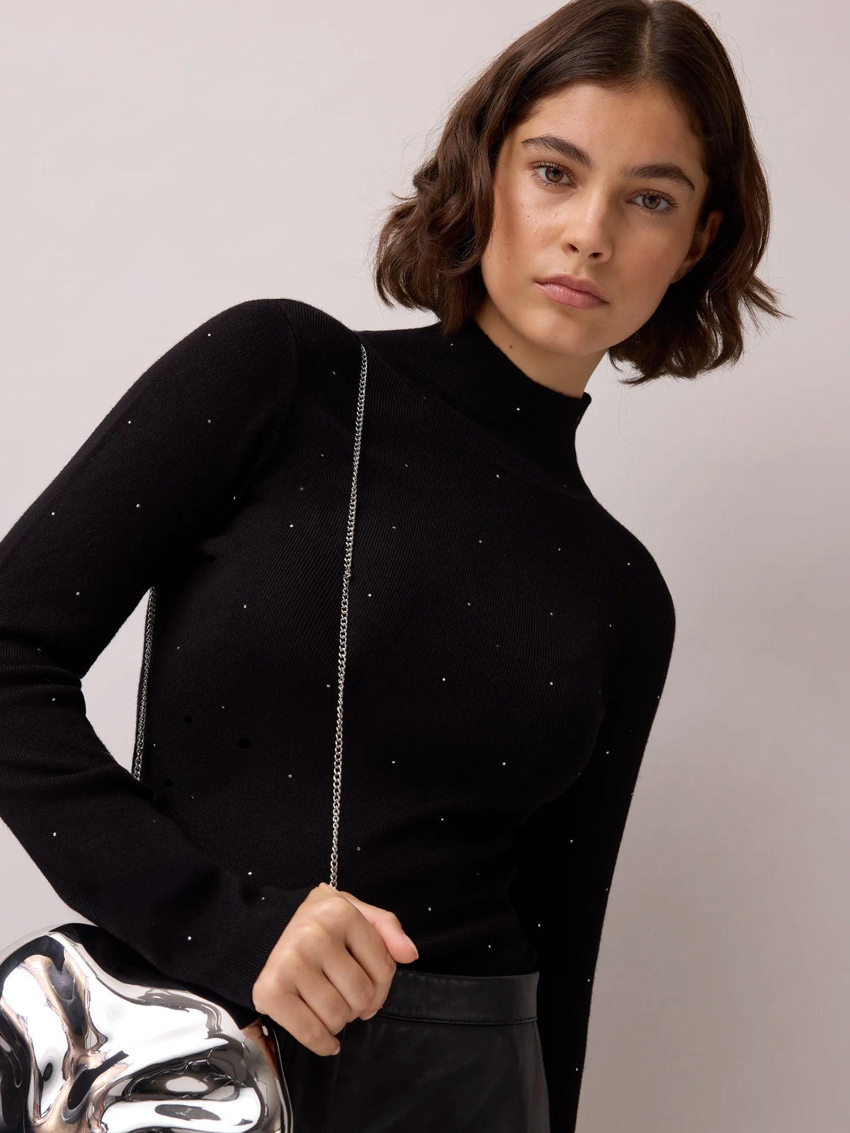 Black Sparkle Knit Roll Neck Top