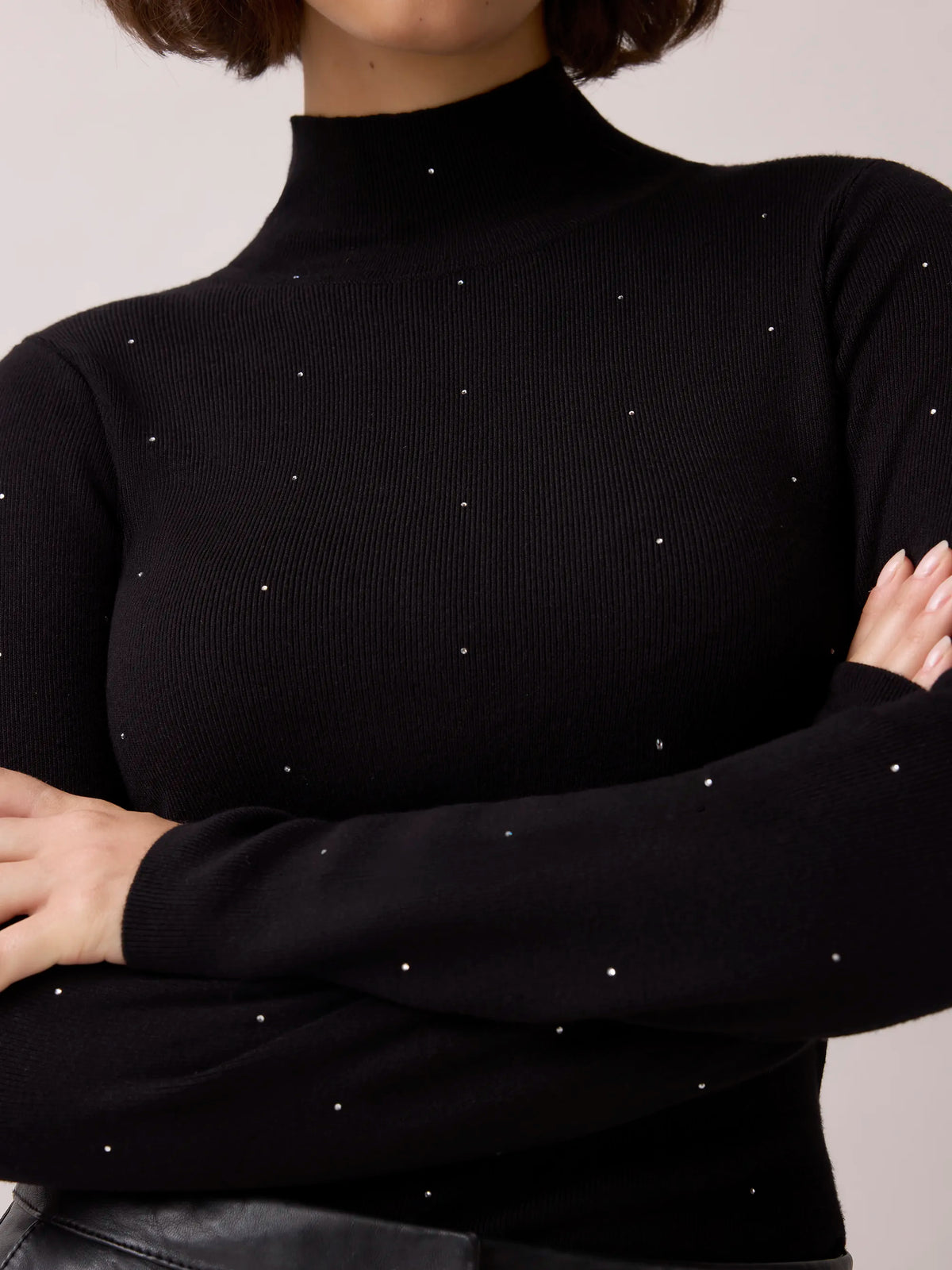 Black Sparkle Knit Roll Neck Top