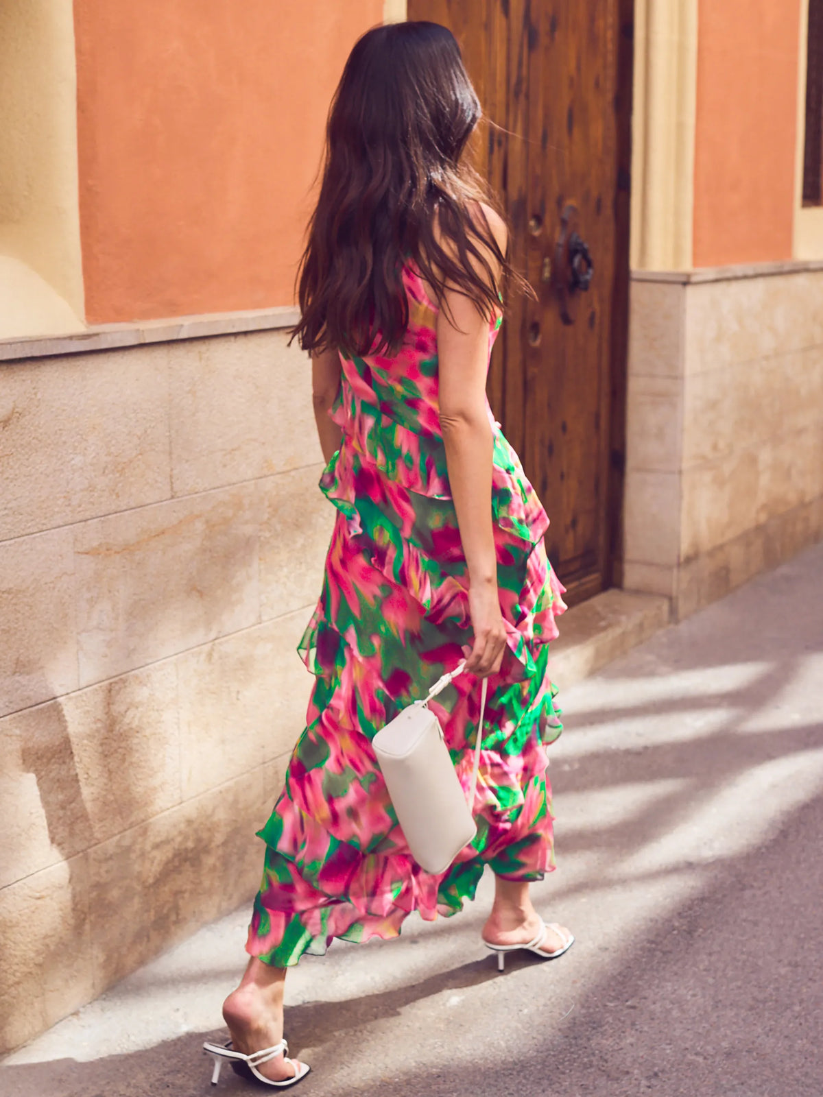 Petite Layla Pink Blurred Floral Ruffle Dress