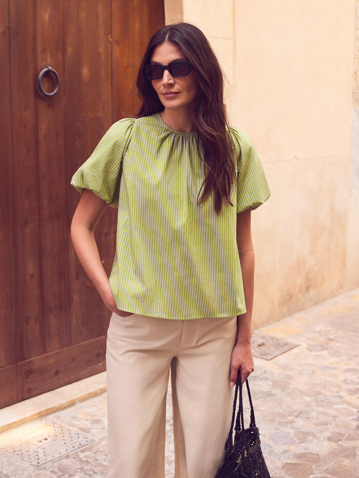 Green Stripe Bow Back Top