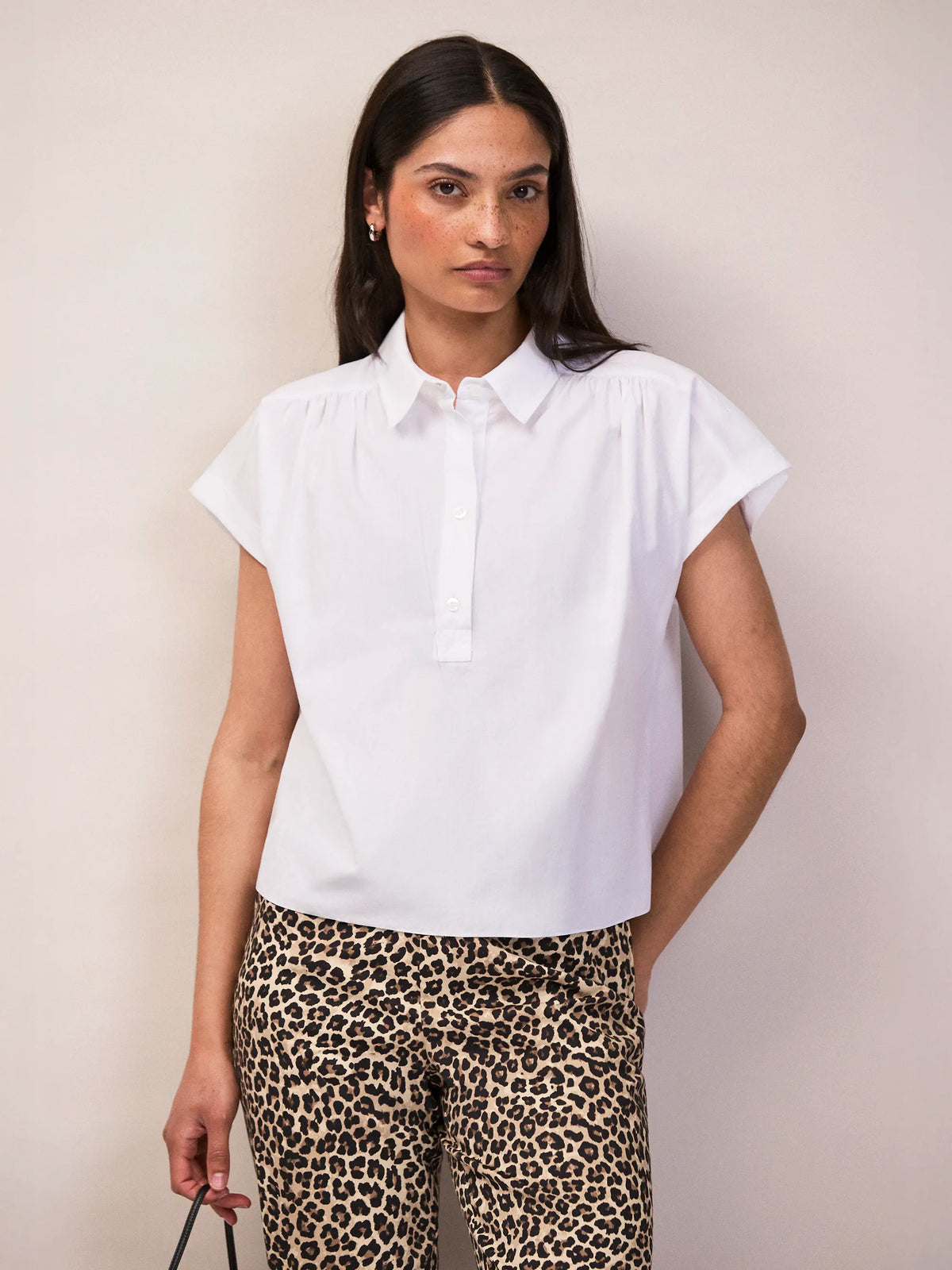 White Cotton Poplin Gathered Shoulder Shirt