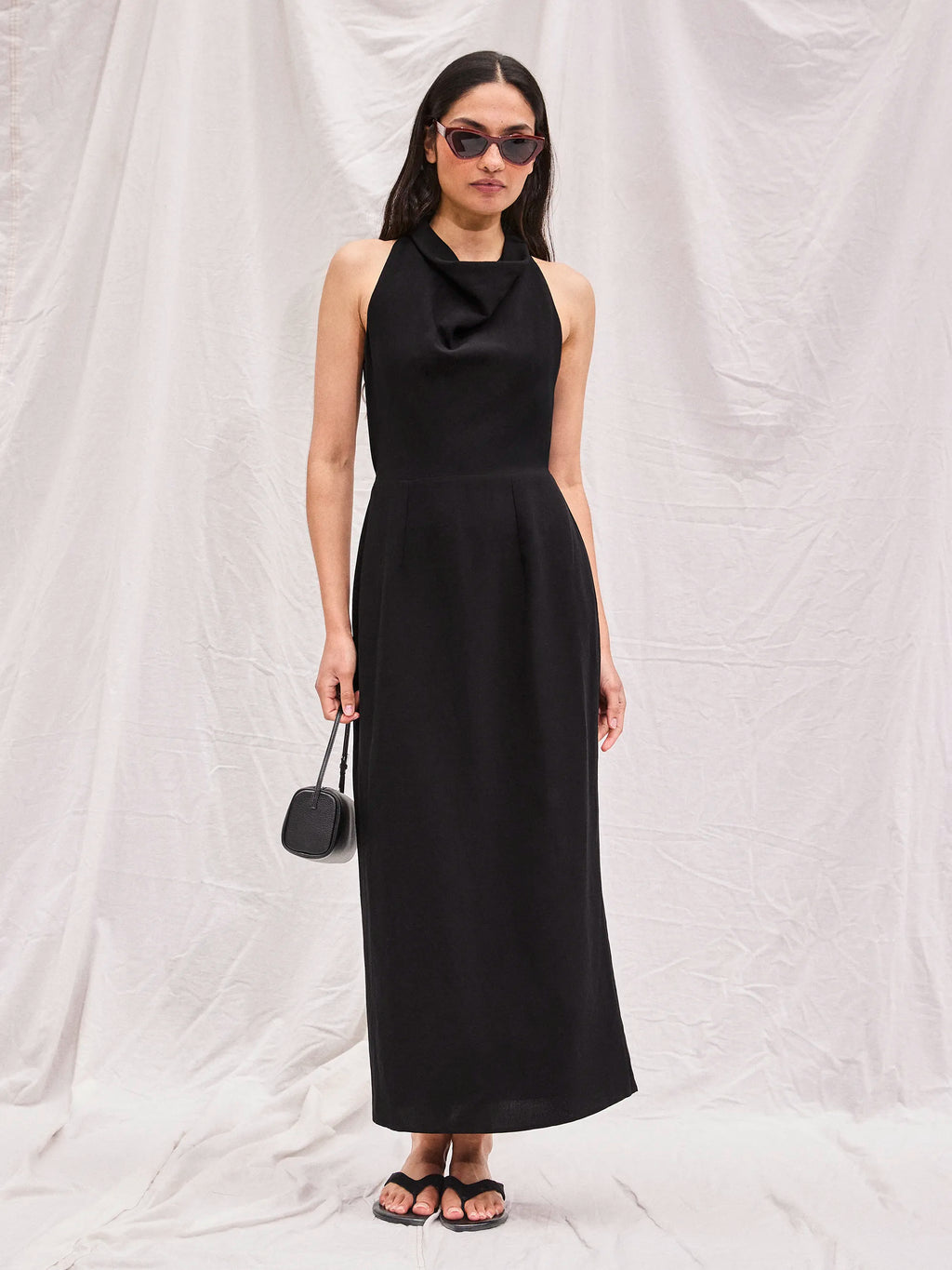 Linen Blend Cowl Neck Midi Dress