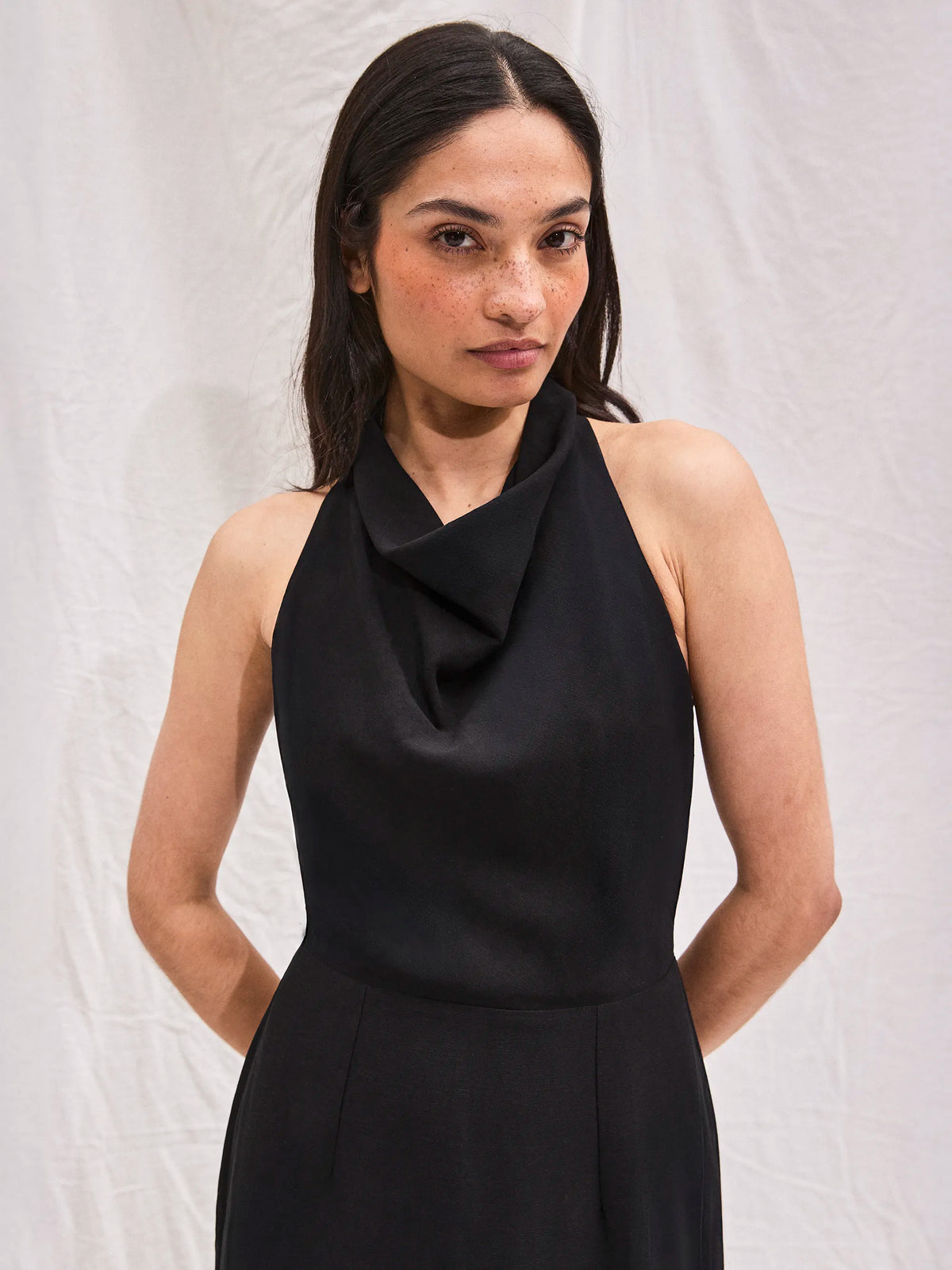Black Linen-Blend Cowl-Neck Midaxi Dress