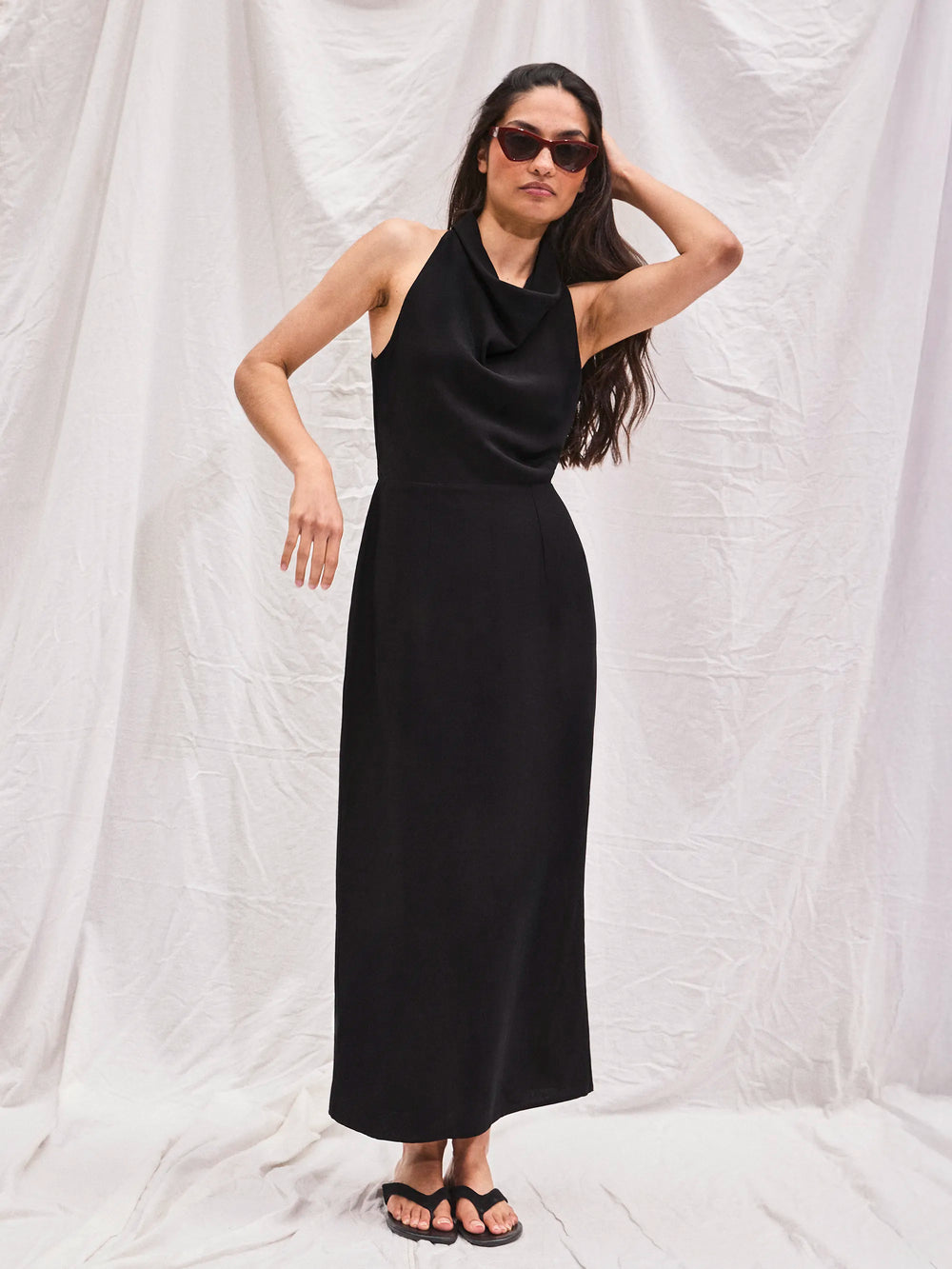 Petite Black Cowl Neck Midi Dress With Linen – Ro&Zo
