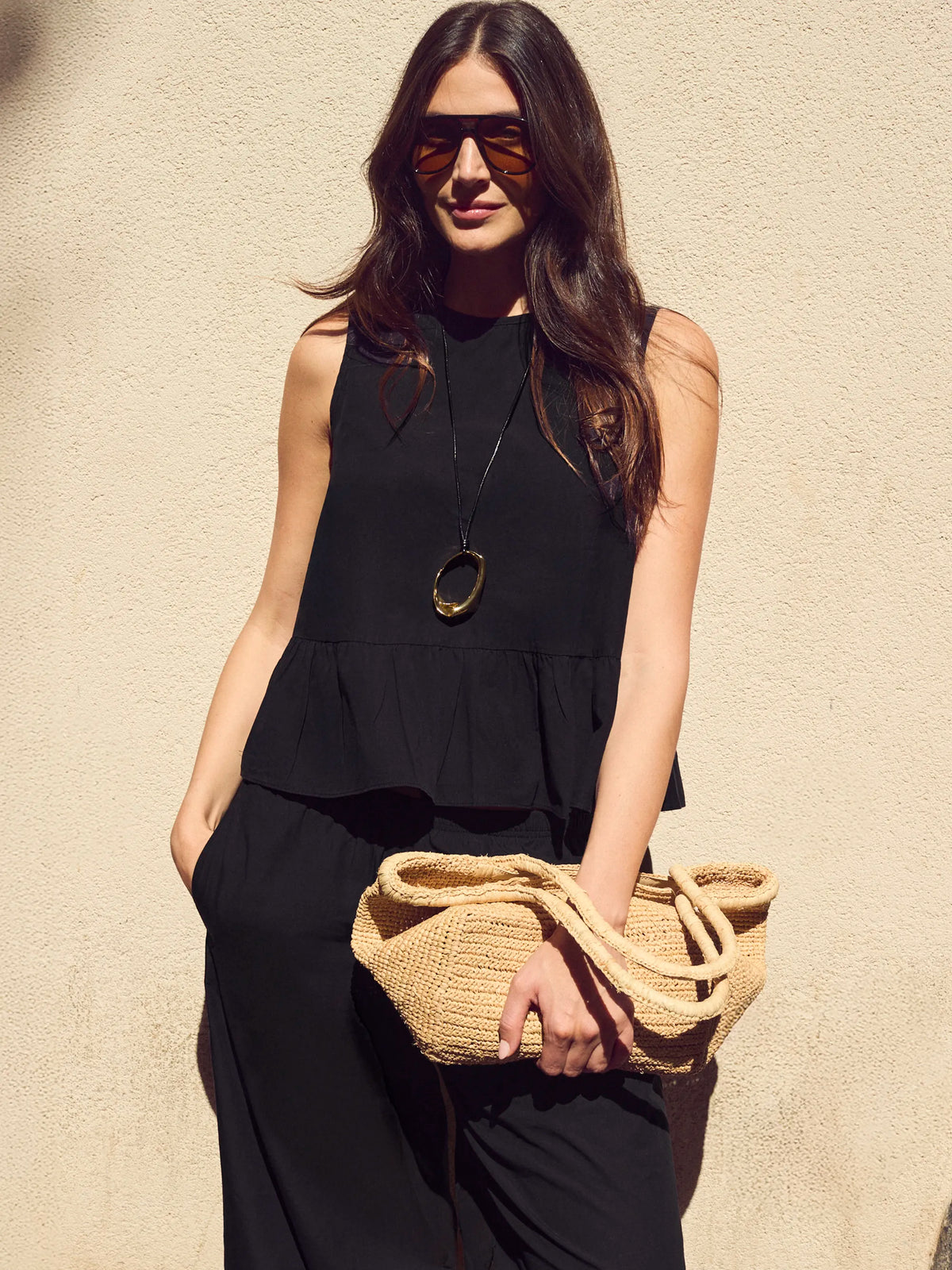 Black Cotton Peplum Top