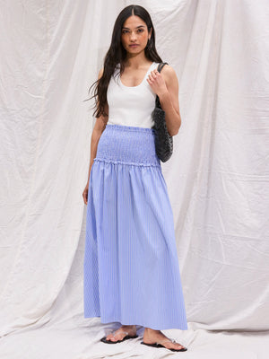 Blue Striped Shirred-Waist Skirt