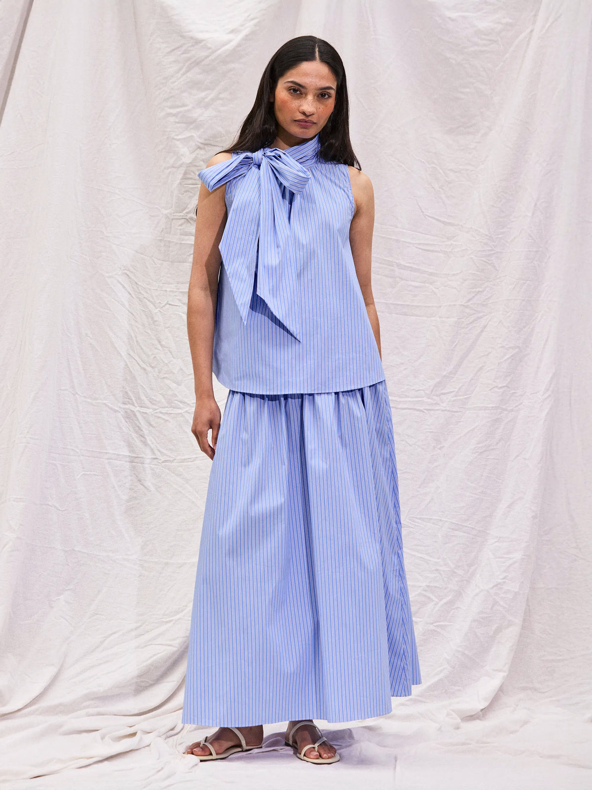 Blue Striped Shirred-Waist Skirt