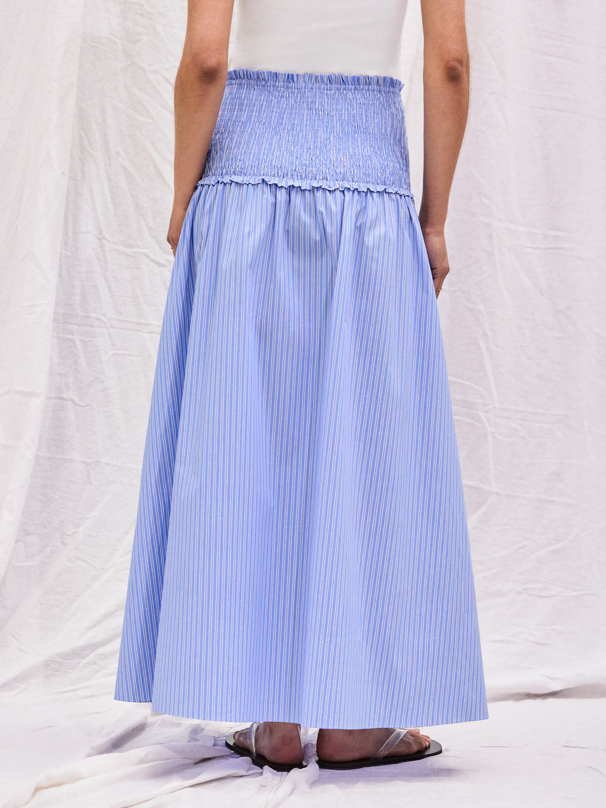Blue Striped Shirred-Waist Skirt