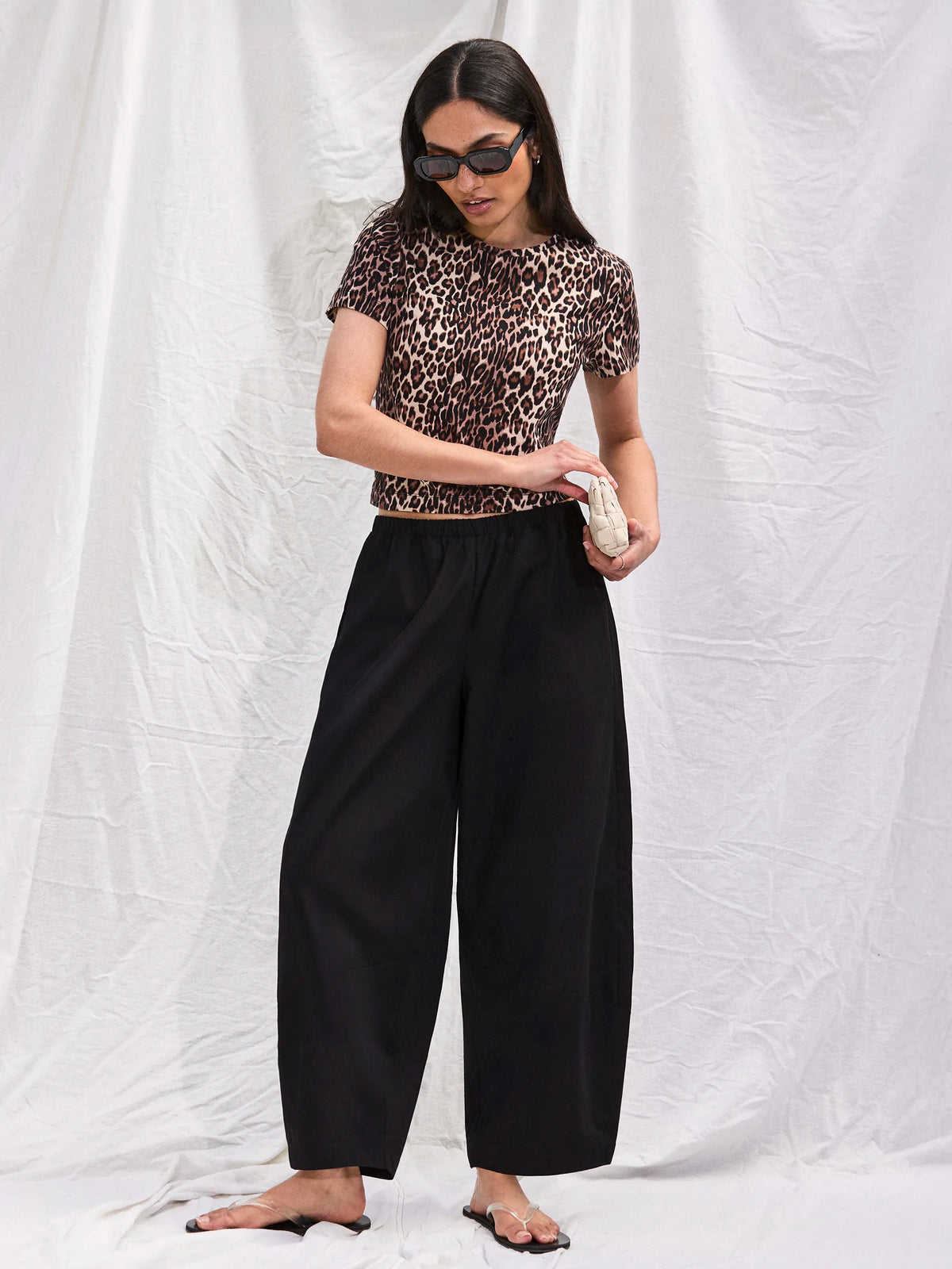 Black Cotton Barrel Leg Trousers