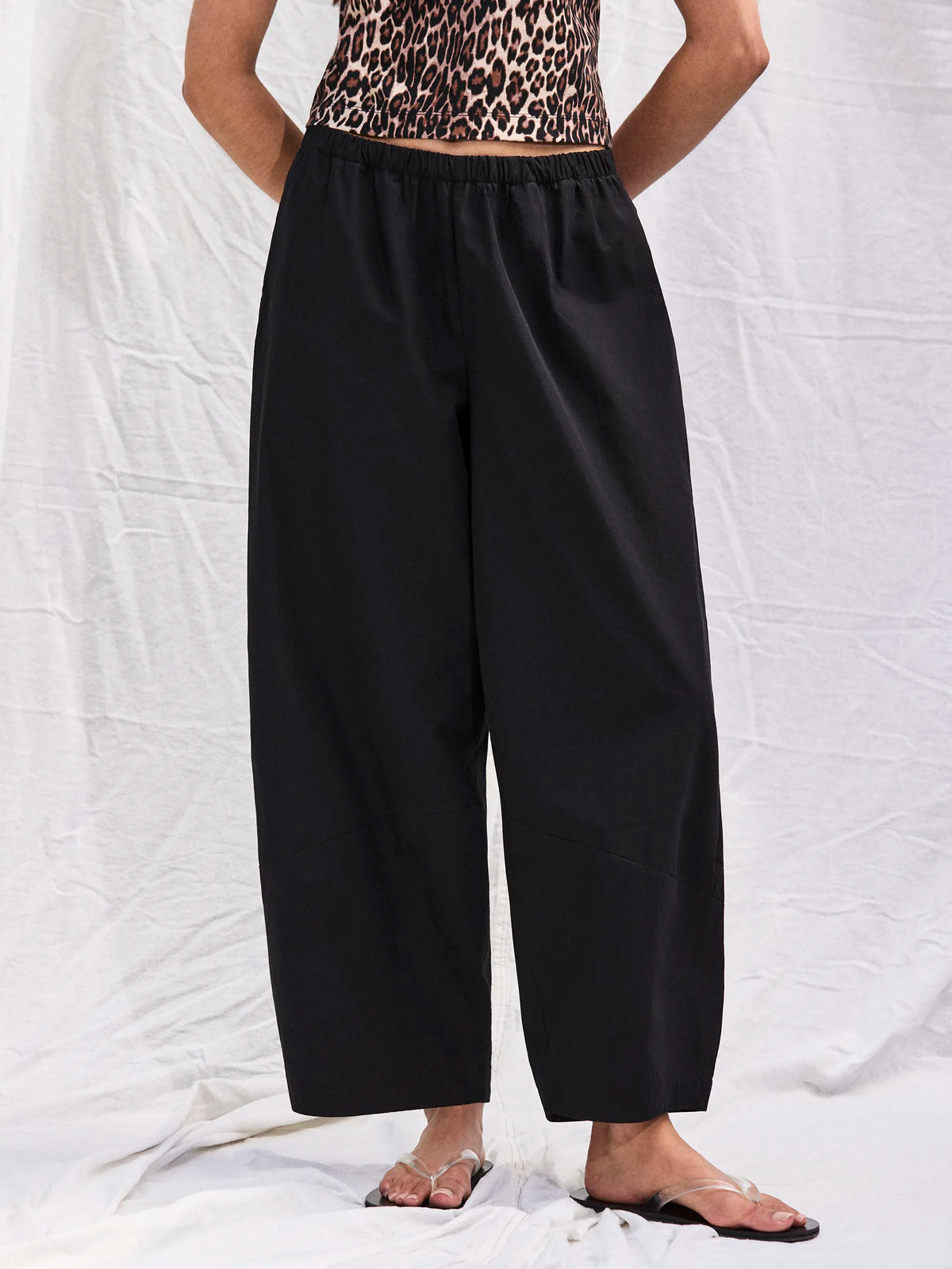 Black Cotton Barrel Leg Trousers