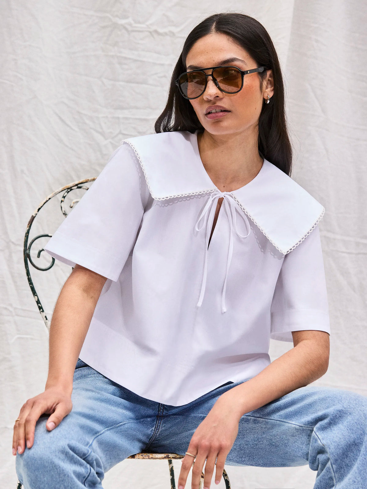 White Cotton Statement-Collar Blouse