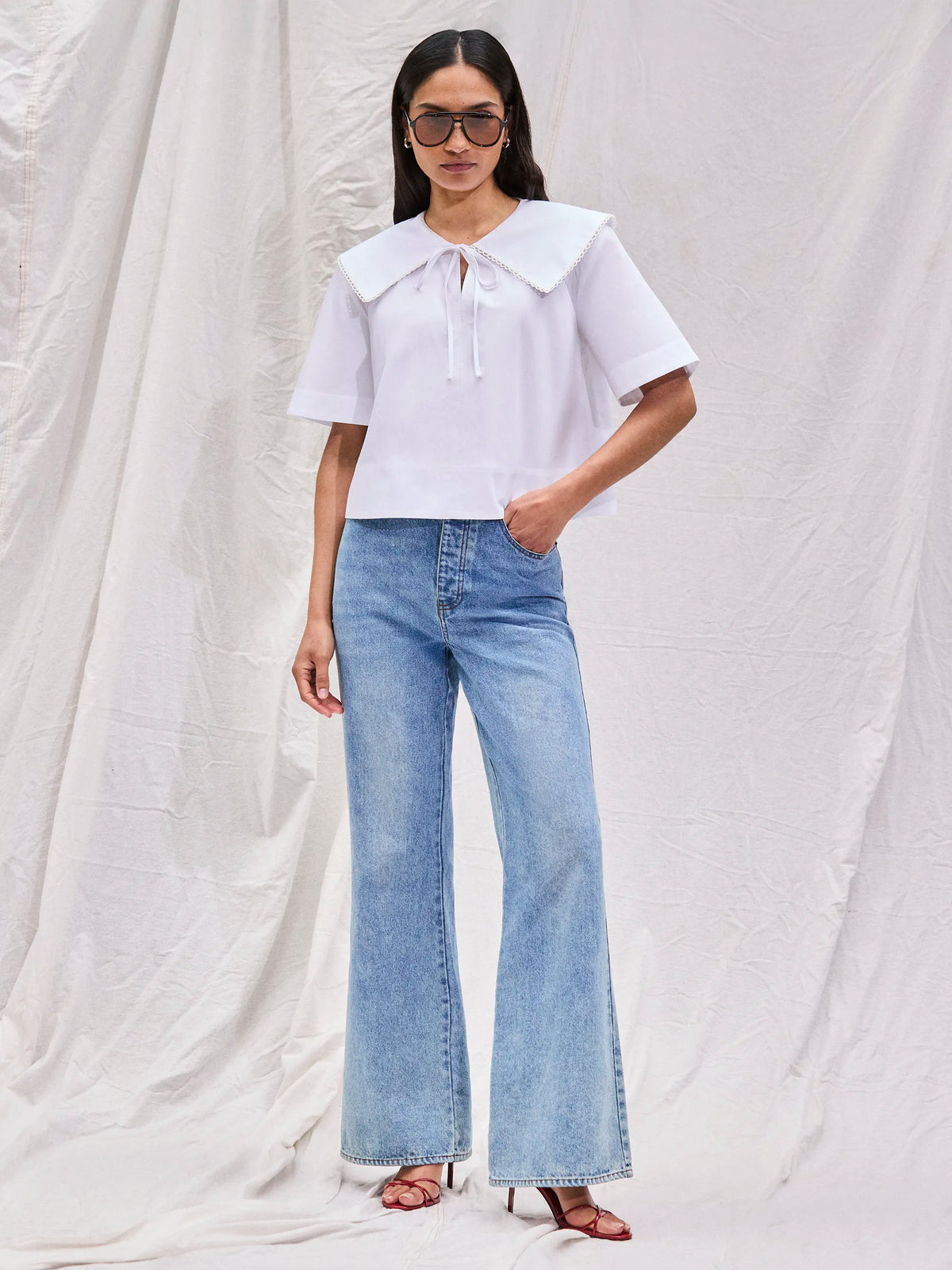 White Cotton Statement-Collar Blouse