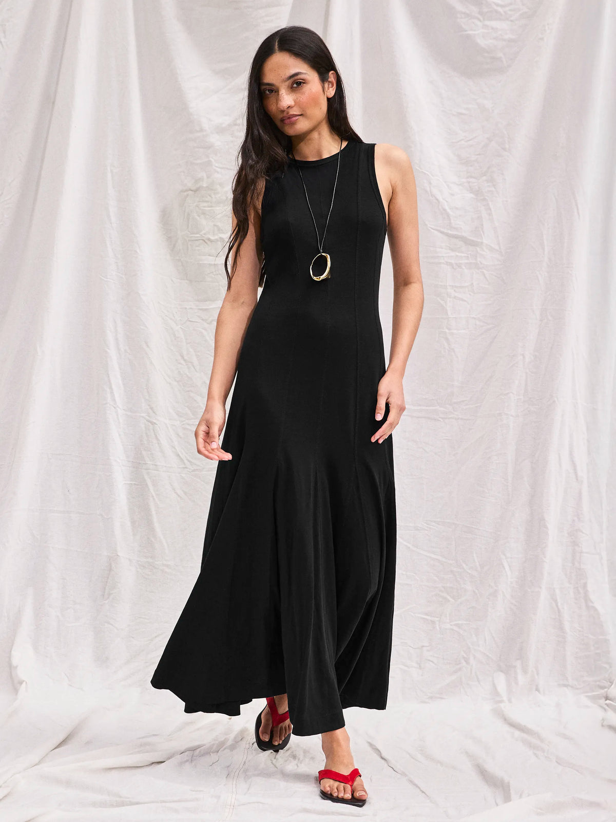 Black Slub Jersey Seam Detail Midi Dress