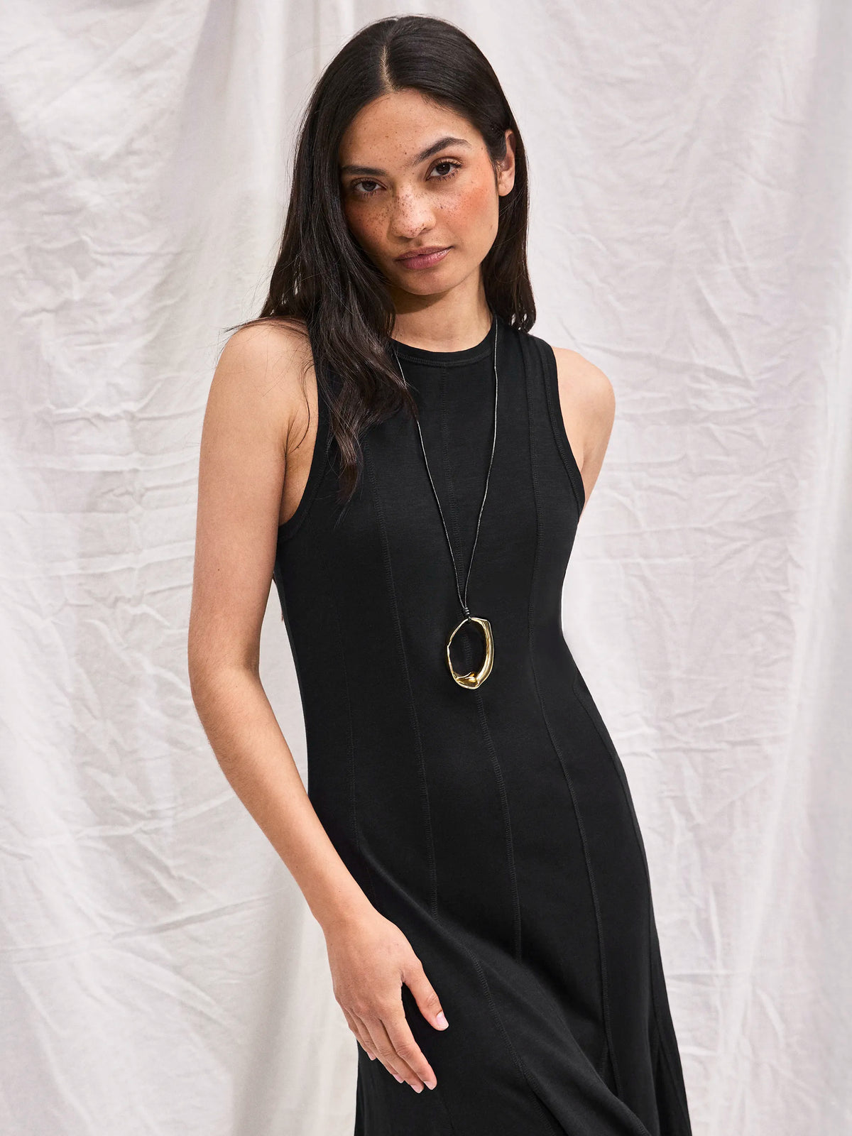 Black Slub Jersey Seam Detail Midi Dress