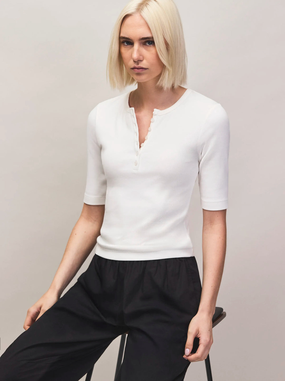 Ivory ribbed Henley top