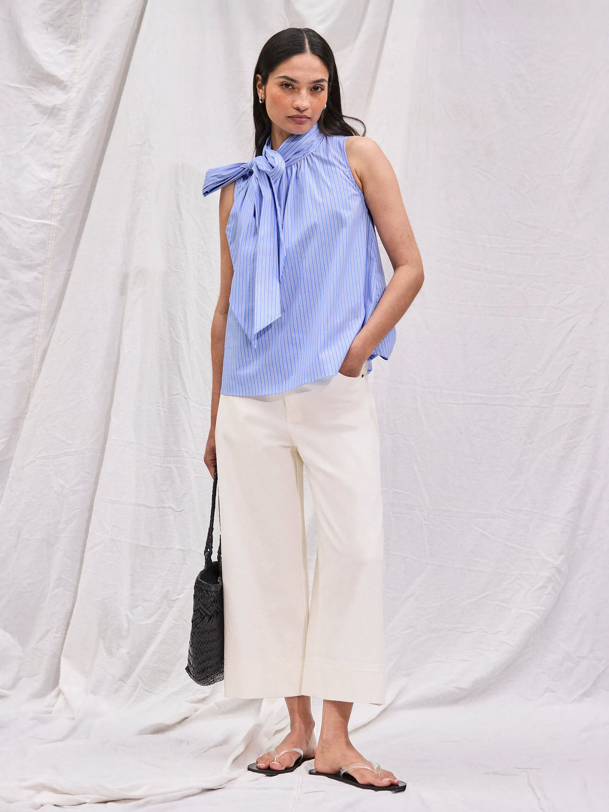 Blue Striped Bow-Detail Sleeveless Blouse