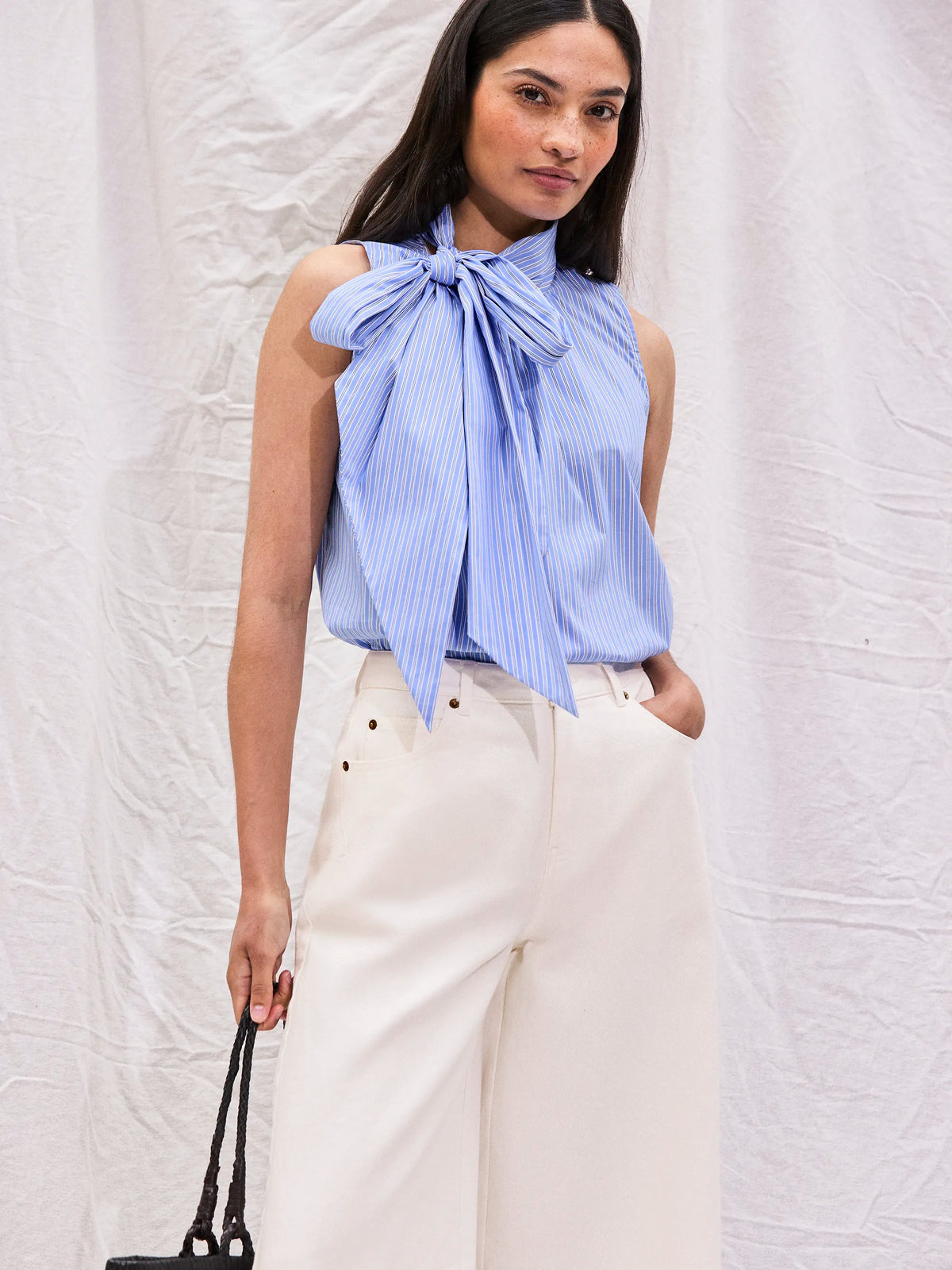 Blue Striped Bow-Detail Sleeveless Blouse