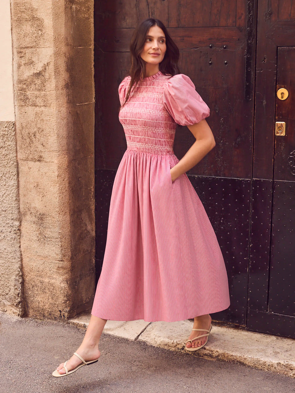 Red Stripe Shirred Bodice Dress With Cotton – Ro&Zo