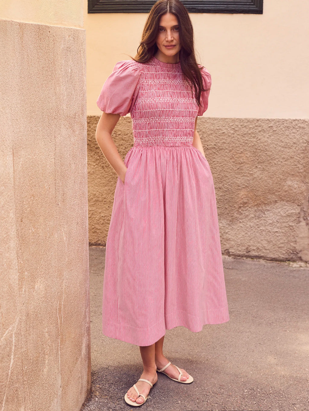 Petite Stripe Shirred Bodice Dress Cotton
