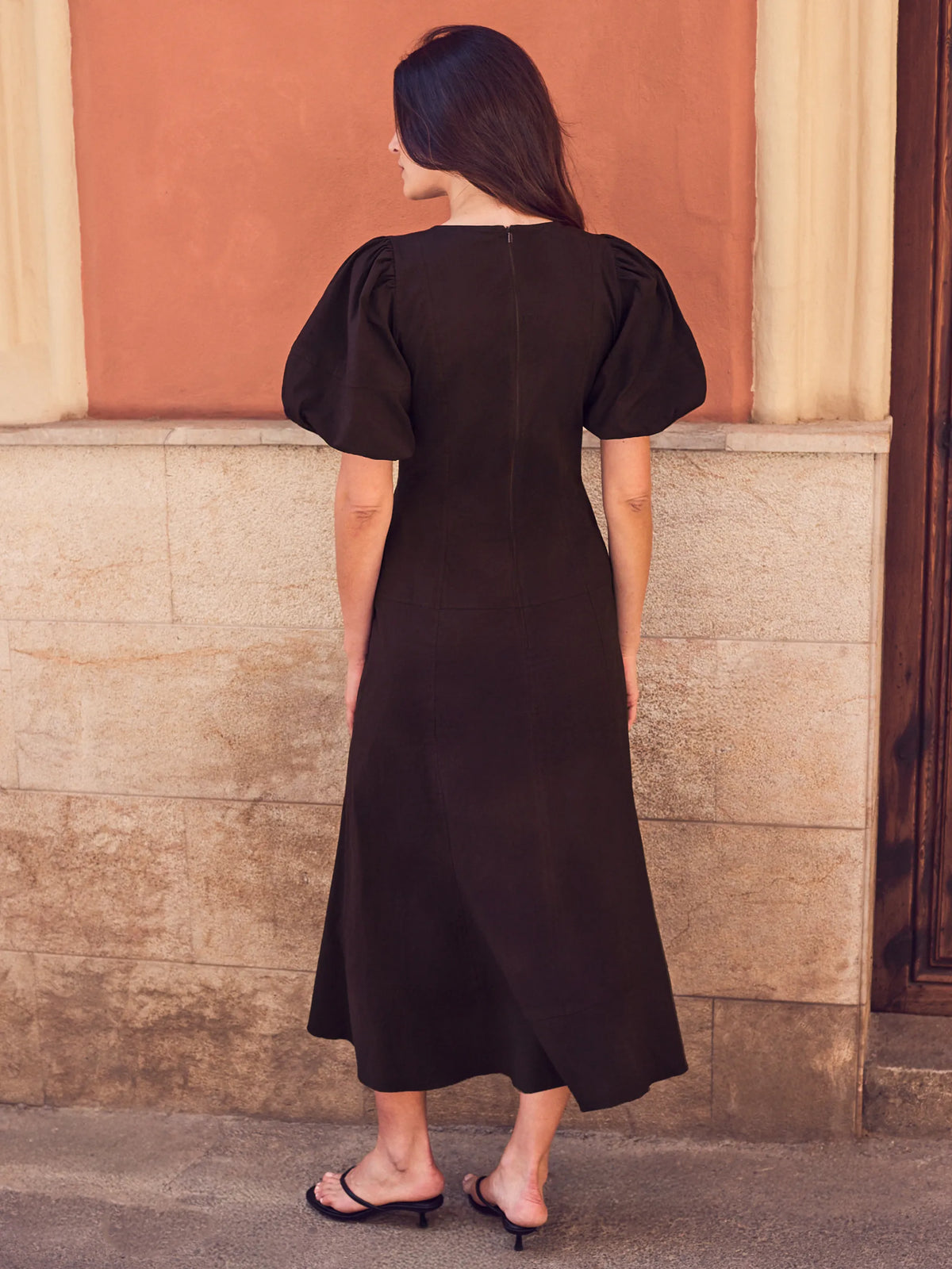 Petite Chocolate-Brown Puff Sleeve Cotton Dress