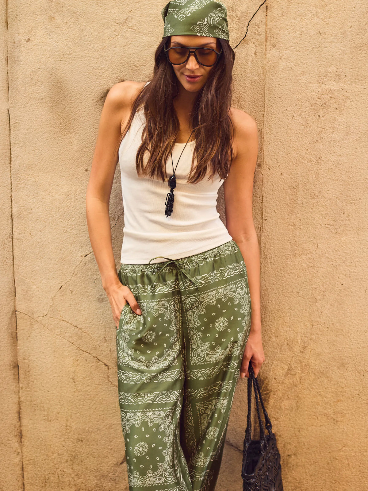 Khaki Scarf Print Trousers