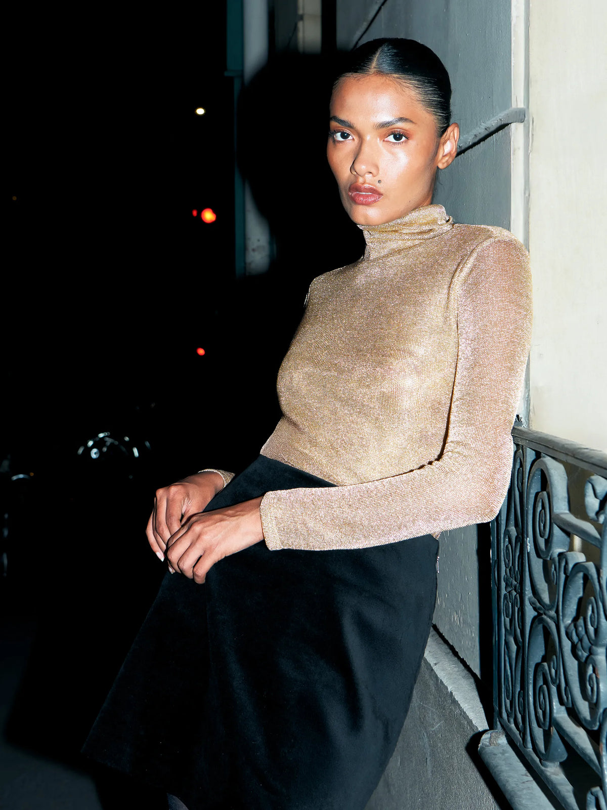 Gold Chainmail Knit Roll Neck Top
