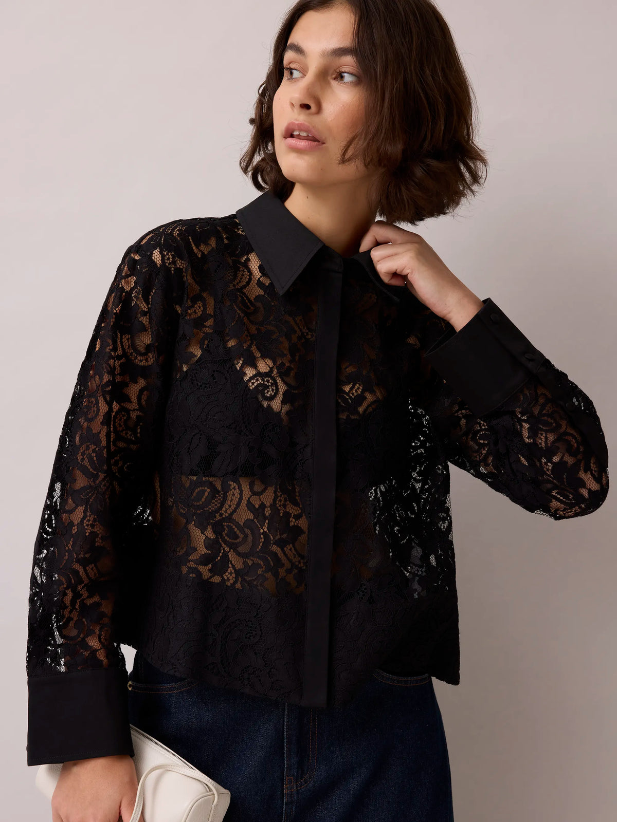 Black Lace And Satin Trim Shirt