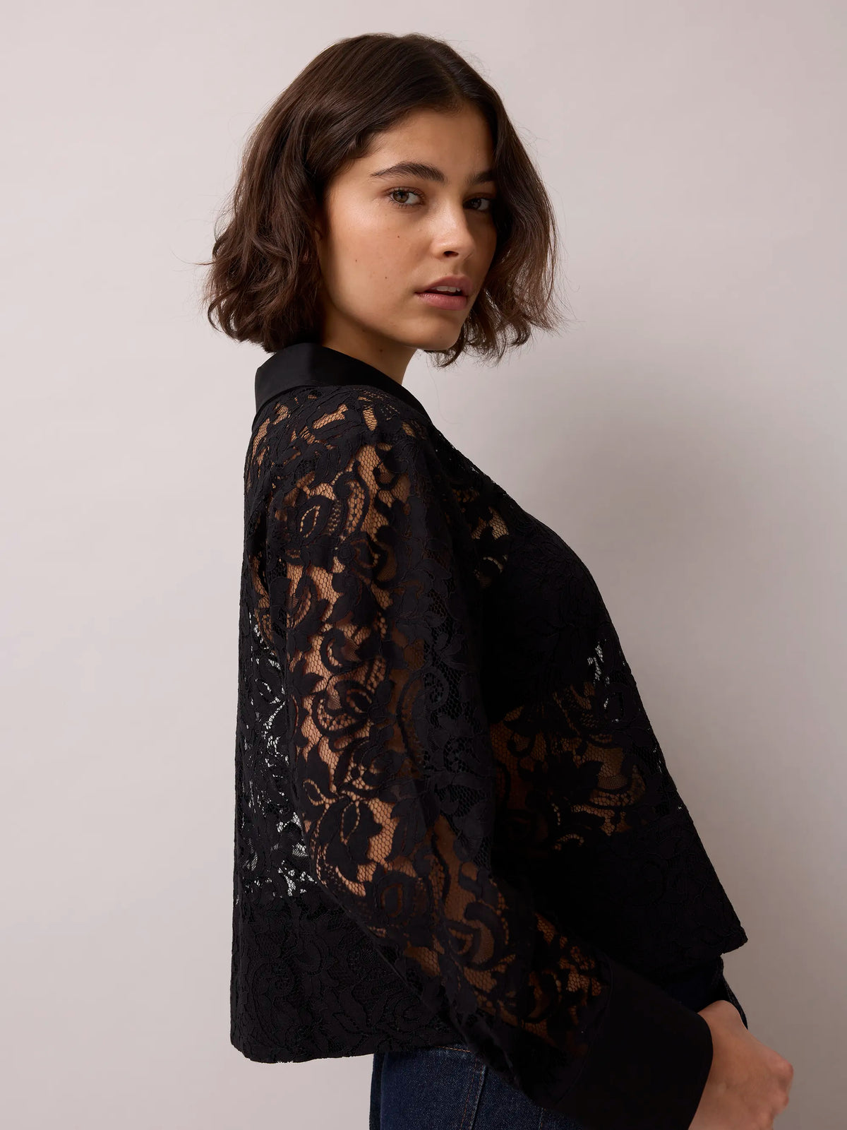 Black Lace And Satin Trim Shirt